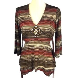 j.t.b. Top Women's Top Embellished M‎ Brown stripes 3/4 sleeve V-Neck Blouse.